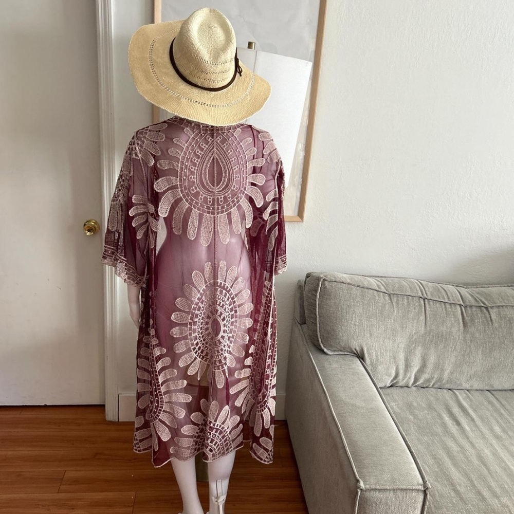 Boho Western Gipsy Burgundy Floral Sheer Kimono Size M - Picture 5 of 8